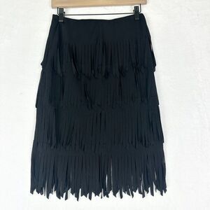 Cache Vintage Y2k Fringe Skirt Size 2 Knee Length Black Stretch Western Flapper